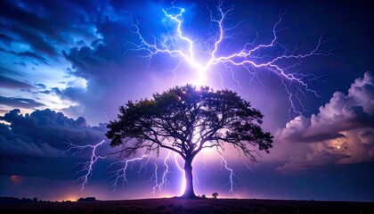 Dramatic storm with lightning striking a lone tree