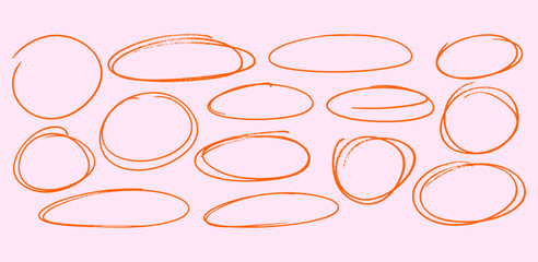 Hand drawn circle, oval, ellipse frames with pen crayon textures. Pencil doodles and scribbles. Playful red sketchy outlines for text highlights, scrapbook, collages, notes.