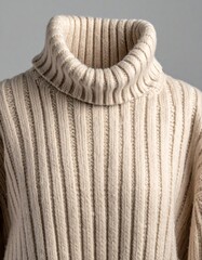 Close-up of a cream-colored ribbed turtleneck sweater
