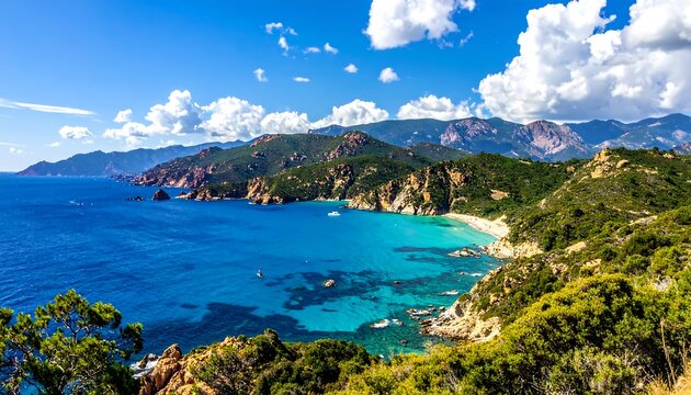 Scenic coastal view, turquoise water, lush greenery, mountains