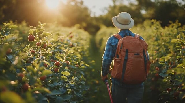 Farmer's Journey: A sun-kissed farmer, hat casting a gentle shadow, journeys through rows of ripe produce in a tranquil, vibrant landscape. 