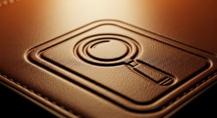 Detailed close up of a magnifying glass symbol embossed on leather surface artistic