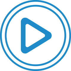 Blue play button icon with double circle border on white background.