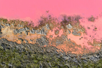 Hutt Lagoon a natural pink lake at Port Gregory near Kalbarri, Western Australia. Extraction of microalgae for beta-carotene, from pink algae Dunaliella salina for food, beverages, supplements