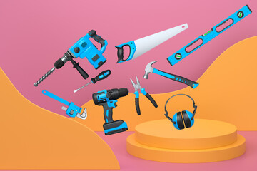 Construction tools and safety equipment floating over podium on abstract background, industrial work and protection concept