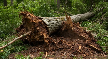 Fototapeta premium Fallen tree trunk in forest landscape after storm damaging ground