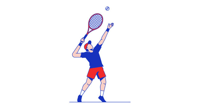 Dynamic tennis player serves with focused energy, captured in a minimalist illustration, perfect for sports publications, fitness websites, or athletic event promotions. - Powered by Adobe