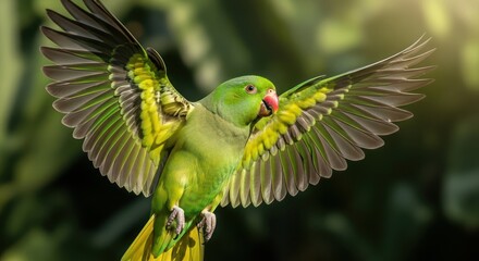 Magnificent rose ringed parakeet soars with vibrant wings outstretched in mid air portrait