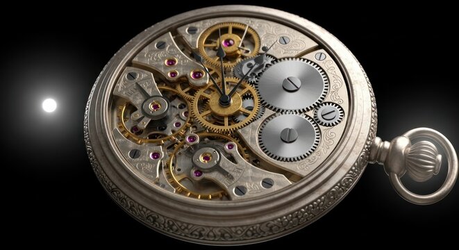 Intricate antique pocket watch mechanism against a vast cosmic dark background