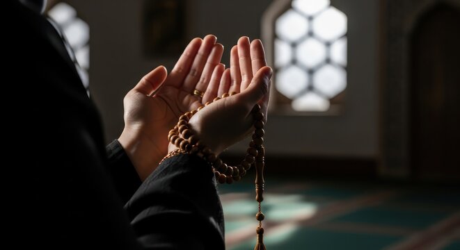 Devotion and supplication raised hands with prayer beads in a place of worship serenity