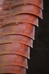 Neatly Arranged Colorful Banknotes Display on Black Background - Financial Concept