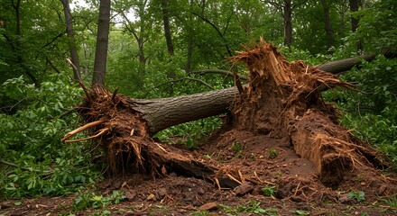 Obraz premium Fallen tree with exposed roots in a lush green forest landscape