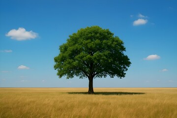 Fototapeta premium Lonely green tree standing in golden open field