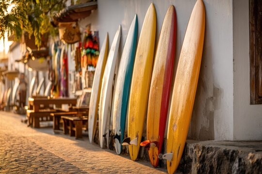 Colorful Surfer Boards Lined Against Rustic Wall in Warm Light