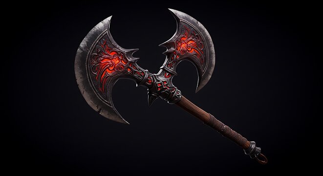 Intricately designed double bladed axe with glowing red details on dark backdrop