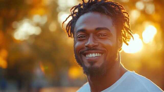 Radiant Confidence: A portrait of a man with a warm smile, embracing the glow of the sun, capturing genuine happiness and a sense of belonging.