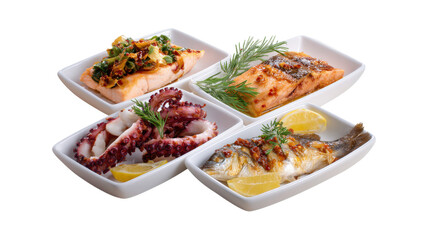 Set of plates with seafood cuisine dish, squid, salmon steak, and fried fish dorada isolated on a white background