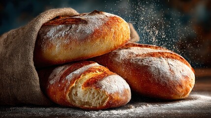 Freshly baked rustic bread loaves with golden crust and flour dusting on a wooden surface, showcasing artisanal baking and homemade bread tradition