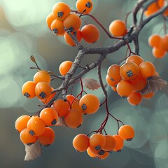 Close up of a branch with bright orange berries clustered together against a blurred background outdoors