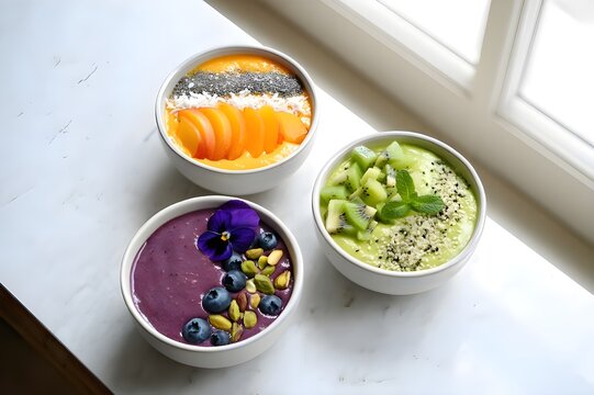 Top-Down Colorful Smoothie Bowls with Fresh Toppings