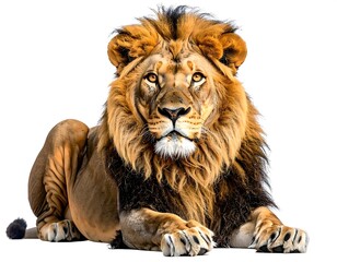 Fototapeta premium Powerful lion, golden-brown fur, alert gaze, lying posture, isolated against white background