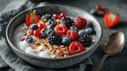 Delicious fresh berry fruit yogurt bowl with raspberries blueberries and blackberries topped with crunchy granola served in a ceramic bowl on a dark wooden table with spoon