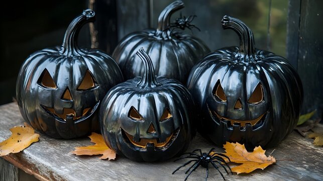 Black Halloween Pumpkins with Spiders and Autumn Leaves
