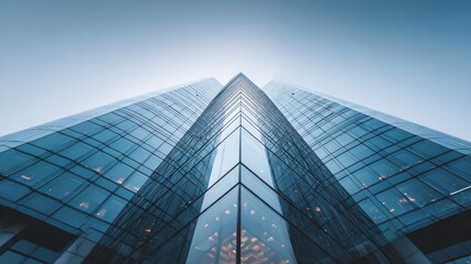 Fototapeta premium Modern glass skyscraper reflecting the sky from a low-angle perspective with sunlight illuminating the building exterior in an urban cityscape on a clear day