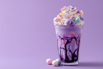 A blackcurrant ice cream shake decorated with syrup swirls, whipped cream, and pastel purple candies, with a pastel violet background