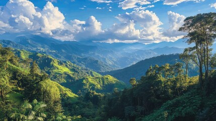 A scenic view of lush green mountains under a bright blue sky filled with fluffy white clouds above trees