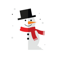 Cute cartoon snowman with a black top hat, orange carrot nose, red scarf, and buttons peeking from the side with falling snow.
