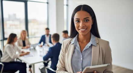 Confident professional woman leading team meeting in modern office environment