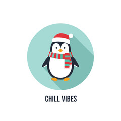 A cute cartoon penguin wearing a Santa hat and a striped scarf, set against a teal circular background with a long shadow.