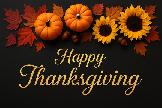 Black background with bright yellow sunflowers, small orange pumpkins, and red and orange maple leaves forming a border above elegant gold script text that says happy thanksgiving - Powered by Adobe