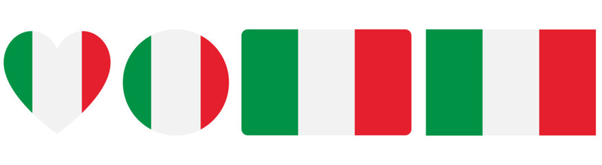 Flag of Italy. Flag icon. Standard colours. Standard sizes. Rectangular flag. Computer illustration. Italian flag in round and heart shape. Vector illustration.