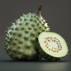 A close up of a green spiky fruit with a stem next to a sliced fruit with seeds on a gray surface