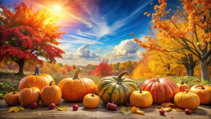 Autumnal Harvest A Rustic Display of Pumpkins Basking in the Warm Glow of a Sunset, Framed by Vibrant Fall Foliage