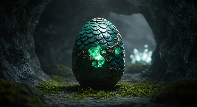 Mysterious dragon egg glowing in dark cave surrounded by moss and light
