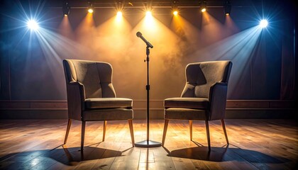 Empty Stage with Two Armchairs and Microphone Under Dramatic Spotlights in Theater with Warm Orange Tones and Vintage Atmosphere