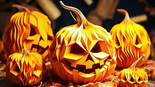 Vibrant orange paper pumpkins with intricate designs, showcasing a playful Halloween spirit, arranged on a textured surface with autumn leaves, capturing the essence of festive creativity