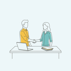 Illustration of a man and woman shaking hands at a desk.