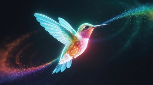 Hummingbird in flight with vibrant rainbow colored light trails