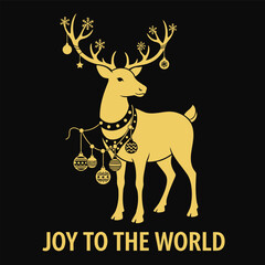 Golden reindeer with Christmas ornaments and the text 