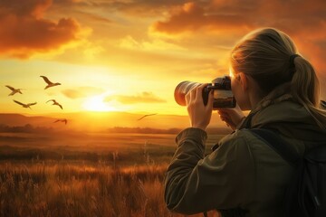 Fototapeta premium Capturing wildlife photography during a vibrant sunset in the countryside