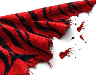 Ripped red fabric with black tiger stripes, cascading