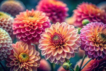 Fototapeta premium Vibrant Dahlia Blooms in a Close-Up Garden Display of Soft Pastel Hues