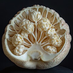 A cross section of a jackfruit showing its internal structure and seed pods on a black background