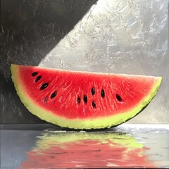 A slice of watermelon with black seeds on a reflective surface under bright light and dark background