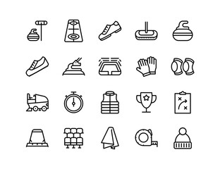 Fototapeta premium Curling Vector Icon Set | Editable Stroke | Curling stones, brooms, rink, gloves, stopwatch, scoreboard, hat, shoes, podium, towel, strategy board