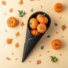 Top Down Shot Of Black Waffle Cone Filled With Small Orange Pumpkins On Light Orange